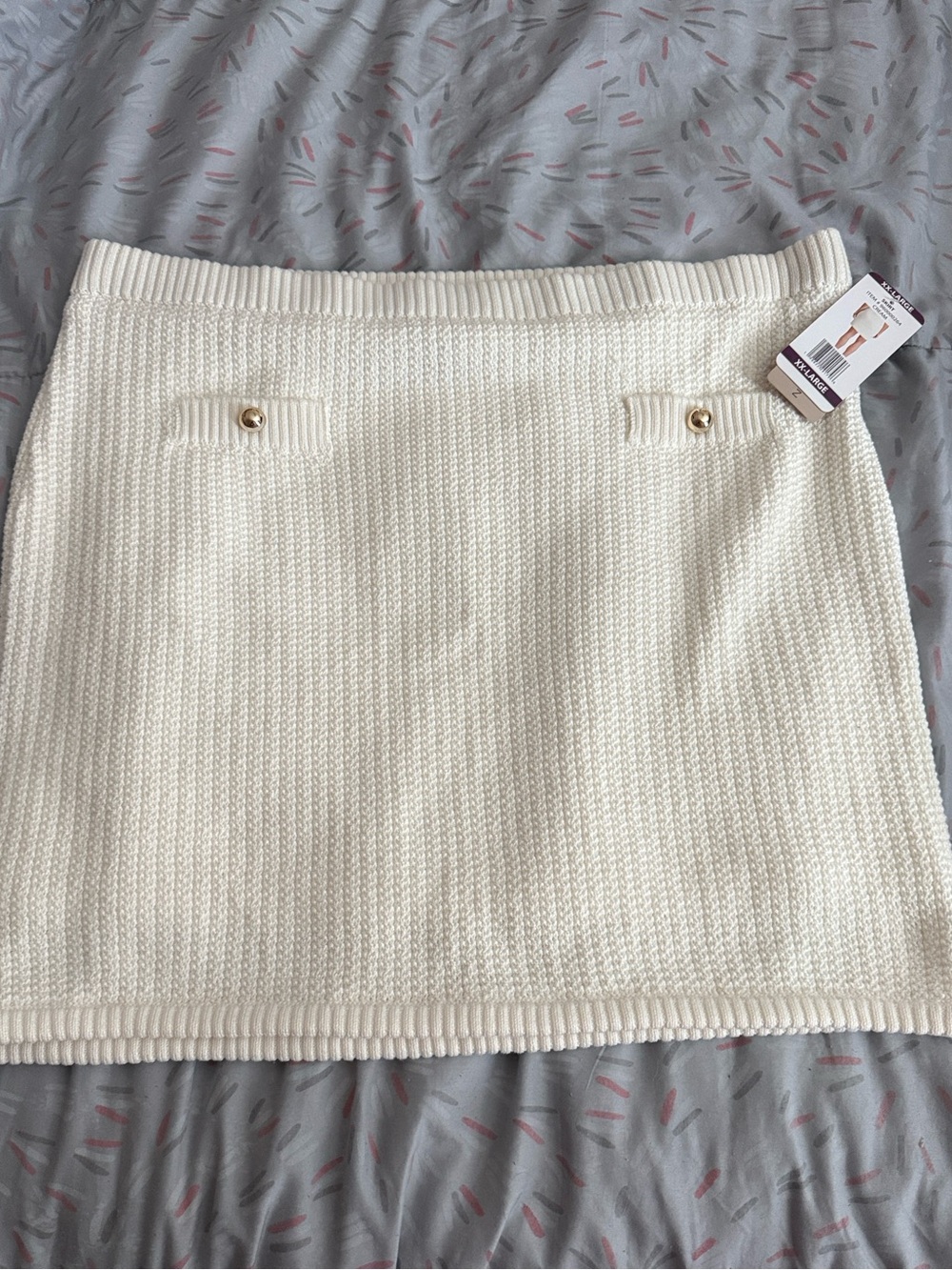 French Connection Cream Knit Mini Skirt with Gold Buttons